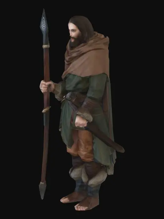 3D model for A human Druid with a strong face wearing a loose cloak and fur-lined boots. Carrying a thick Longstaff and a longsword at the hip. In a scouting pose, tactical fantasy gear.
