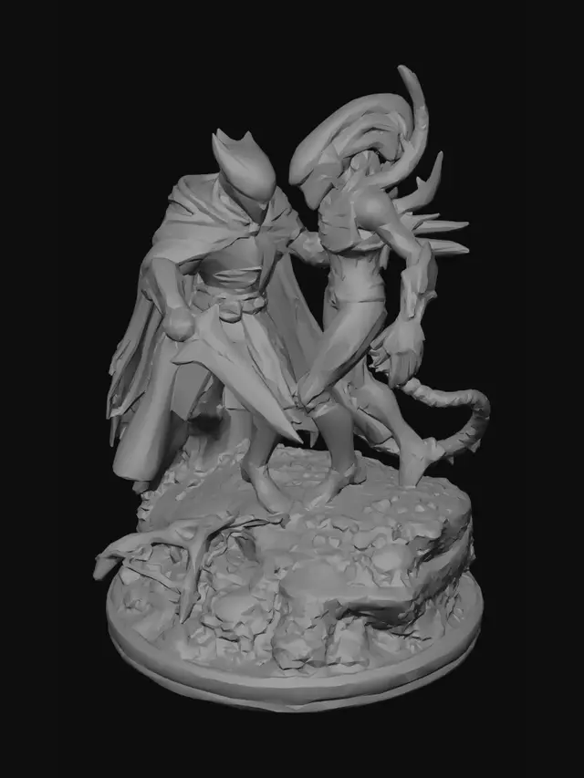 3D model for A dramatic 3D printable sci-fi duel diorama featuring a dark imperial warlord in black futuristic armor fighting a tall alien trophy hunter in a jungle battle stance. The armored warlord has a flowing cape, samurai-inspired helmet, chest control panel details, and a glowing energy sword held in a powerful two-handed pose. The alien hunter is muscular and imposing, with segmented bio-armor, dreadlock-like tendrils, wrist blades extended, and a tactical mask. Both characters are locked in close combat on a single integrated display base with broken rocks, jungle roots, skull trophies, and battle debris.
Composition optimized for 3D printing: one connected watertight sculpt, strong silhouette, thickened cape, thickened weapon blades, reinforced limbs, minimal fragile details