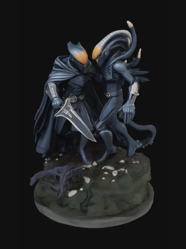 3D model for A dramatic 3D printable sci-fi duel diorama featuring a dark imperial warlord in black futuristic armor fighting a tall alien trophy hunter in a jungle battle stance. The armored warlord has a flowing cape, samurai-inspired helmet, chest control panel details, and a glowing energy sword held in a powerful two-handed pose. The alien hunter is muscular and imposing, with segmented bio-armor, dreadlock-like tendrils, wrist blades extended, and a tactical mask. Both characters are locked in close combat on a single integrated display base with broken rocks, jungle roots, skull trophies, and battle debris.
Composition optimized for 3D printing: one connected watertight sculpt, strong silhouette, thickened cape, thickened weapon blades, reinforced limbs, minimal fragile details
