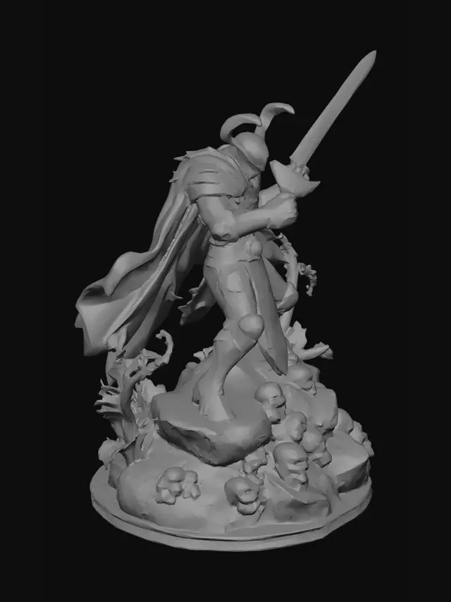 3D model for 3D printable sci-fi duel diorama, dark imperial armored warlord with cape and energy sword fighting a tall alien trophy hunter with mask, tendrils, bio-armor, and wrist blades, dynamic close combat pose, integrated rocky jungle base, skull trophies, battle debris, collectible statue style, monochrome sculpt, watertight mesh, thickened details, reinforced weapons and cape, no floating parts, minimal overhangs, strong silhouette, optimized for resin or filament printing.