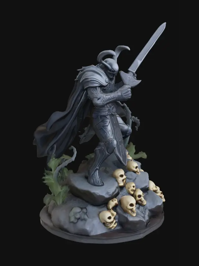 3D model for 3D printable sci-fi duel diorama, dark imperial armored warlord with cape and energy sword fighting a tall alien trophy hunter with mask, tendrils, bio-armor, and wrist blades, dynamic close combat pose, integrated rocky jungle base, skull trophies, battle debris, collectible statue style, monochrome sculpt, watertight mesh, thickened details, reinforced weapons and cape, no floating parts, minimal overhangs, strong silhouette, optimized for resin or filament printing.