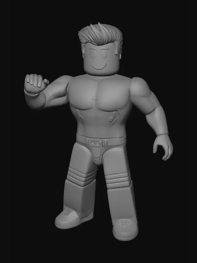 3D model for Generate a 3D model, based on the R15 dummy from Roblox, that features realistic musculature and anatomical details. The model should have well-defined biceps, pectorals, and abdominal muscles, with distinct cuts and definition that are detailed and natural, avoiding overly bulky or monstrous features. The proportions should remain consistent with the classic Roblox aesthetic, with large blocks and defined edges, while the muscular definition should be realistic yet natural, like a character from an action figure or a classic cartoon, not a bodybuilder. The , ready to receive animation. The model must be in T-Pose, clean, ready to animate, with no clothes or accessories, so that all the details of the definition can be clearly visible. It should be presented in a clean background.