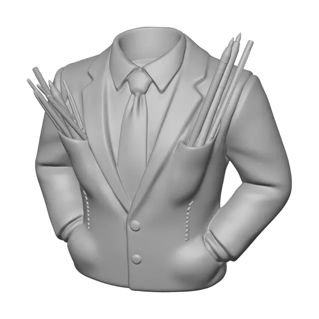 3D model for a pen holder in the style of shirt and tie , dinner jacket with arms in a pose that makes it look like hands are in pocket