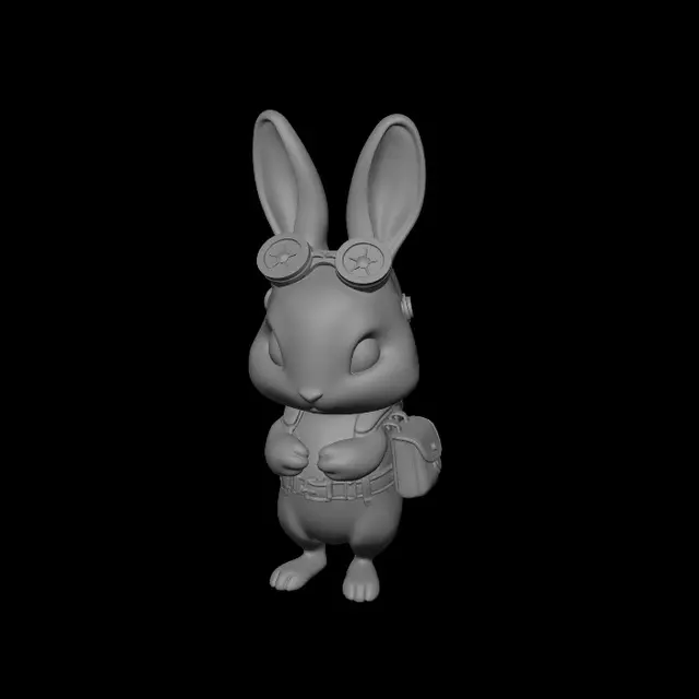 3D model for Create a cute chibi [bunny] in steampunk style, designed for real multicolor 3D printing as a single solid piece. Big head, compact body, short legs, clean silhouette, smooth rounded shapes, separated color zones, toy-like collectible look. Add simplified steampunk details: goggles, small gears, brass accents, leather straps, tiny mechanical backpack, clock or pipe elements, all thick and printable. Flat stable bottom, balanced proportions, embossed details only, no thin parts, no floating parts, no chains, no open holes, no fragile overhangs, minimal supports, easy PLA multicolor print.