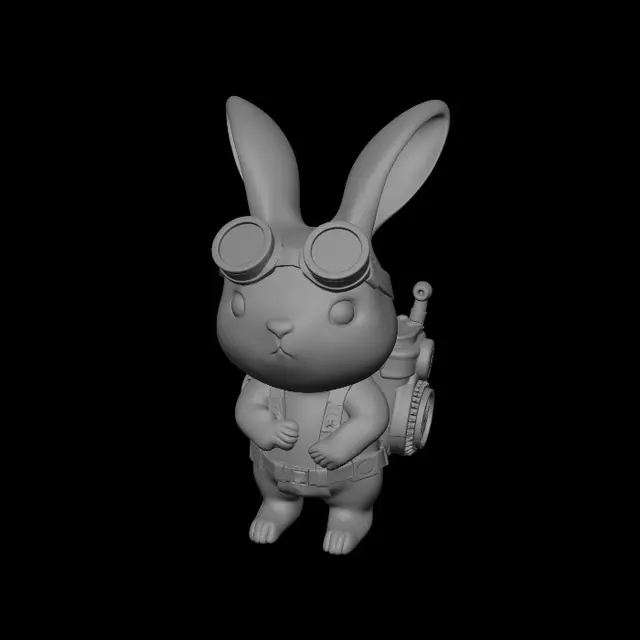 3D model for Create a cute chibi [bunny] in steampunk style, designed for real multicolor 3D printing as a single solid piece. Big head, compact body, short legs, clean silhouette, smooth rounded shapes, separated color zones, toy-like collectible look. Add simplified steampunk details: goggles, small gears, brass accents, leather straps, tiny mechanical backpack, clock or pipe elements, all thick and printable. Flat stable bottom, balanced proportions, embossed details only, no thin parts, no floating parts, no chains, no open holes, no fragile overhangs, minimal supports, easy PLA multicolor print.