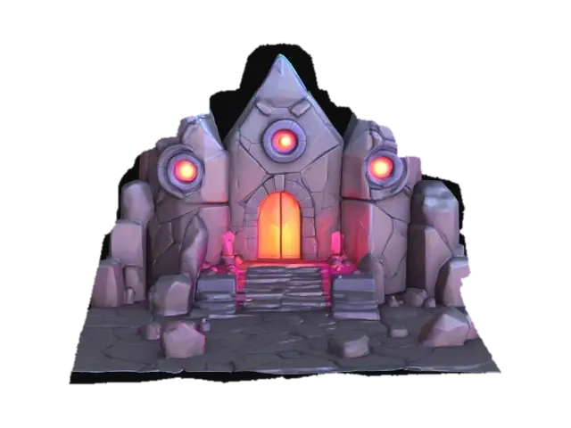 3D model for masterpiece, lowpoly, glowing magic laser mysterious mystical dungeon Bunker geometrical shapes huge chibi style legendary funny game style vivid colors, Unique Original Shape 
