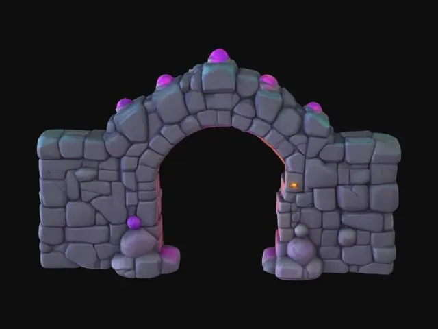 3D model for masterpiece, lowpoly, glowing magic laser mysterious mystical Stone dungeon Bunker monumental gate geometrical shapes huge chibi style legendary funny game style vivid colors, Unique Original Shape 
