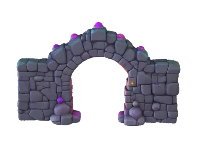 3D model for masterpiece, lowpoly, glowing magic laser mysterious mystical Stone dungeon Bunker monumental gate geometrical shapes huge chibi style legendary funny game style vivid colors, Unique Original Shape 