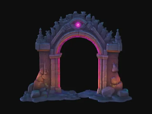3D model for masterpiece, lowpoly, glowing magic laser mysterious mystical Stone dungeon Bunker monumental Huge Giant gate geometrical shapes huge chibi style legendary funny game style vivid colors, Unique Original Shape 