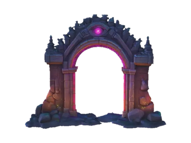 3D model for masterpiece, lowpoly, glowing magic laser mysterious mystical Stone dungeon Bunker monumental Huge Giant gate geometrical shapes huge chibi style legendary funny game style vivid colors, Unique Original Shape 