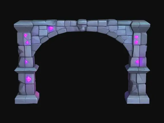 3D model for masterpiece, lowpoly, glowing magic laser mysterious mystical Stone dungeon Bunker monumental Huge Giant open gate geometrical shapes huge chibi style legendary funny game style vivid colors, Unique Original Shape 