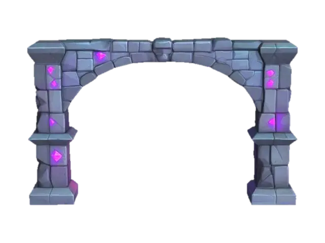 3D model for masterpiece, lowpoly, glowing magic laser mysterious mystical Stone dungeon Bunker monumental Huge Giant open gate geometrical shapes huge chibi style legendary funny game style vivid colors, Unique Original Shape 