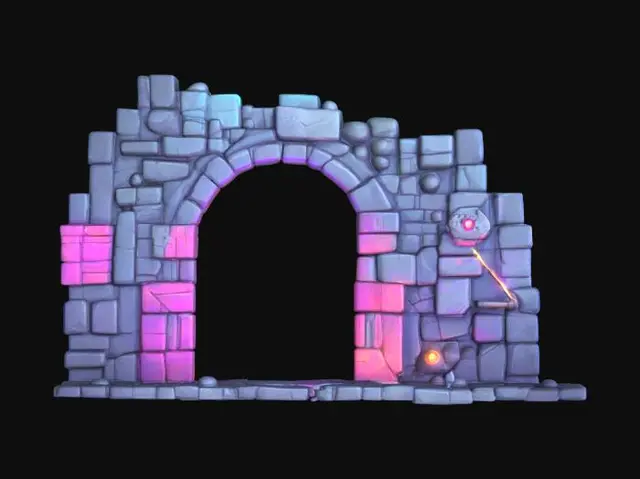 3D model for masterpiece, lowpoly, glowing magic laser mysterious mystical Stone dungeon Bunker monumental Huge Giant gate geometrical shapes huge chibi style legendary funny game style vivid colors, Unique Original Shape 