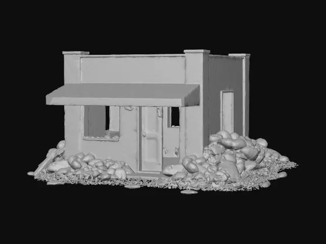 3D model for semi destroyed small construction, game style, smooth cool design, vivid colors