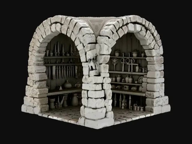 3D model for warcraft dwarfen armory , glowing parts, Huge, flat game design style