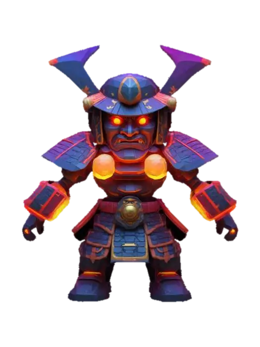 3D model for masterpiece, lowpoly, glowing magic laser mysterious mystical Ancient stylized veteran samurai machine with tubular shapes huge chibi style legendary funny game style vivid colors, Unique Original Shape