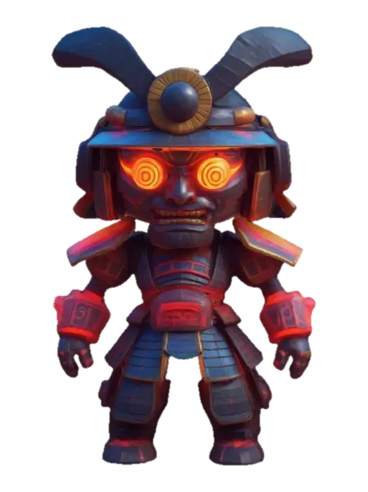 3D model for masterpiece, lowpoly, glowing magic laser mysterious mystical Ancient stylized veteran samurai machine with tubular shapes huge chibi style legendary funny game style vivid colors, Unique Original Shape