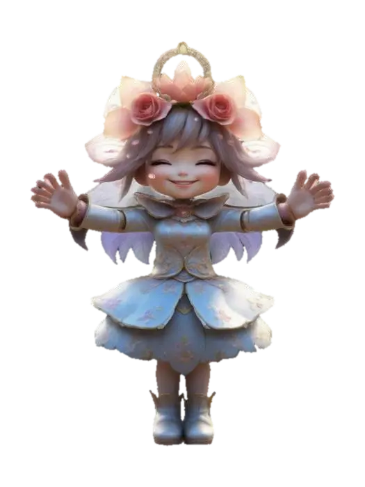 #women#, Flower Stylized Chibi Magician Princess Humanoid Flower Hybrid Hands Up To… - Happy 3D model, vytvořený pomocí AI