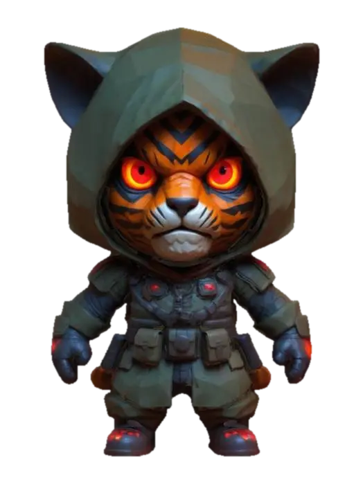 3D model for #game figure#, masterpiece, lowpoly, glowing RED EYES stylized hooded veteran Tiger Head Soldier Impressive with huge chibi style legendary funny game style vivid colors, Unique Original Shape 