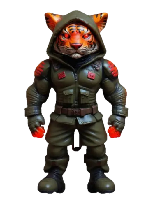 3D model for #game figure#, masterpiece, glowing RED EYES stylized hooded veteran Tiger Head Soldier Impressive with huge muscled style legendary funny game style vivid colors, Unique Original Shape 