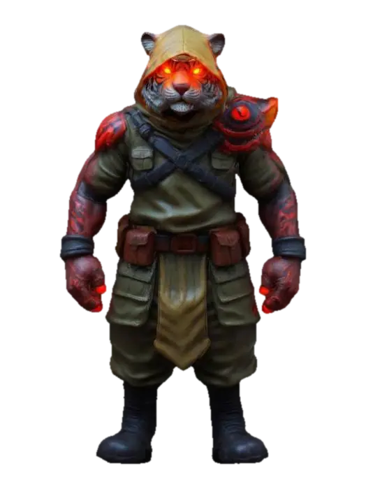 3D model for #game figure#, masterpiece, glowing RED EYES stylized hooded veteran Tiger Head Soldier Impressive with huge muscled style legendary funny game style vivid colors, Unique Original Shape 