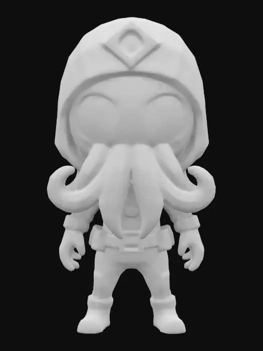 3D model for #game figure#, masterpiece, lowpoly, glowing RED EYES stylized hooded veteran Octopus Head Soldier Impressive with huge chibi style legendary funny game style vivid colors, Unique Original Shape, dotted leopard skin