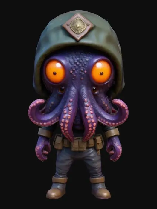 3D model for #game figure#, masterpiece, lowpoly, glowing RED EYES stylized hooded veteran Octopus Head Soldier Impressive with huge chibi style legendary funny game style vivid colors, Unique Original Shape, dotted leopard skin