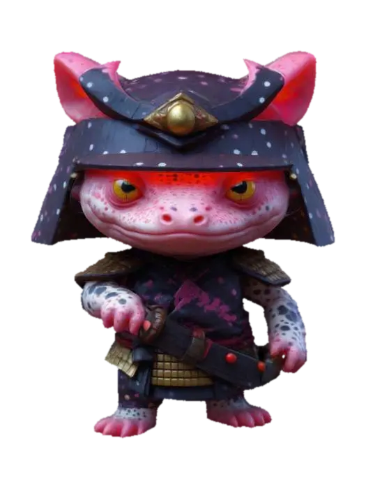 3D model for #game figure#, masterpiece, lowpoly, glowing EYES stylized veteran Axolotl Head Samurai Master Impressive with huge chibi style legendary funny game style vivid colors, Unique Original Shape, dotted leopard skin