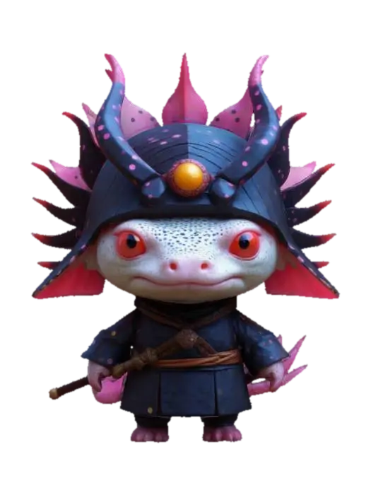 3D model for #game figure#, masterpiece, lowpoly, glowing EYES stylized veteran Axolotl Head Samurai Master Impressive with huge chibi style legendary funny game style vivid colors, Unique Original Shape, dotted leopard skin