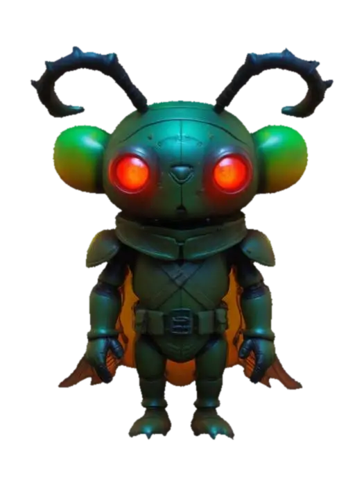 3D model for #game figure#, masterpiece, glowing EYES stylized veteran Beetle Head Soldier Impressive with huge chibi style legendary funny game style vivid colors, Unique Original Shape, dotted leopard skin
