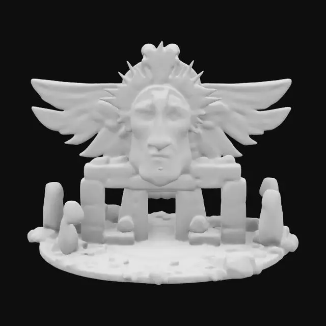 3D model for masterpiece, lowpoly, glowing magic laser mysterious mystical Ancient huge sacred totem geometrical Huge Face Statue shapes huge chibi style legendary funny game style vivid colors, Unique Original Shape stonehenge style big