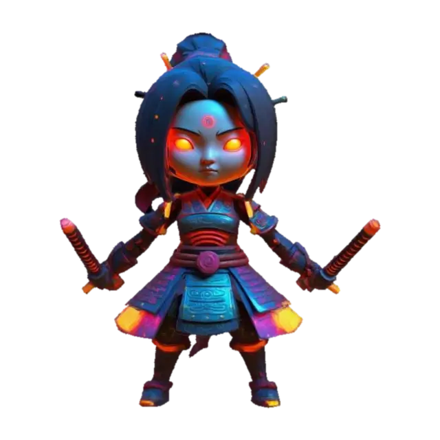 3D model for #women#, masterpiece, lowpoly, glowing magic laser mysterious mystical Ancient stylized veteran samurai machine with tubular shapes huge chibi style legendary funny game style vivid colors, Unique Original Shape