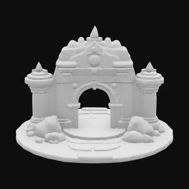 3D model for masterpiece, lowpoly, glowing magic laser mysterious mystical Stone dungeon Bunker monumental gate geometrical shapes huge chibi style legendary funny game style vivid colors, Unique Original Shape 