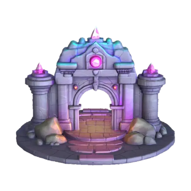 3D model for masterpiece, lowpoly, glowing magic laser mysterious mystical Stone dungeon Bunker monumental gate geometrical shapes huge chibi style legendary funny game style vivid colors, Unique Original Shape 