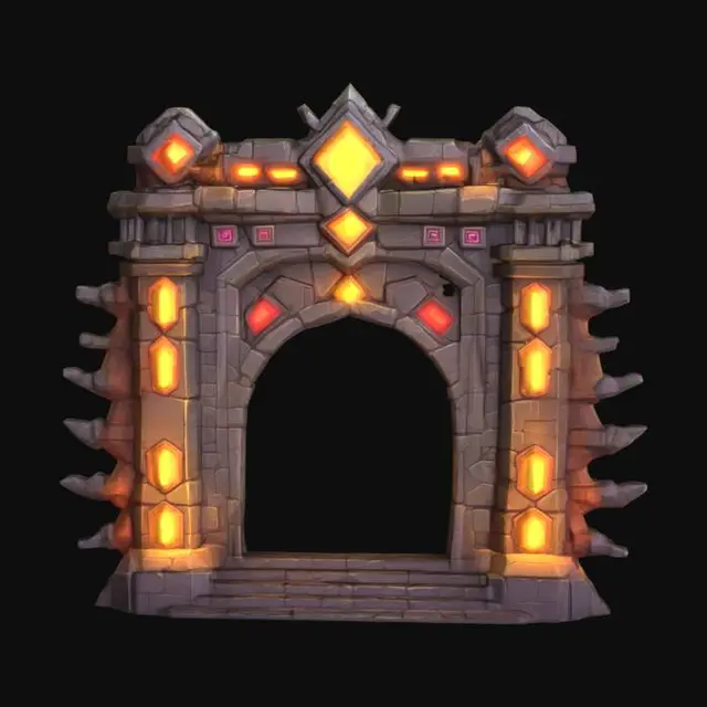 3D model for masterpiece, lowpoly, glowing magic laser mysterious mystical Stone dungeon Bunker monumental Huge Giant gate geometrical shapes huge chibi style legendary funny game style vivid colors, Unique Original Shape 