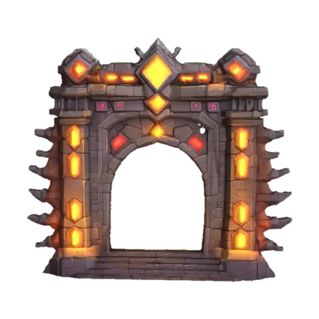 3D model for masterpiece, lowpoly, glowing magic laser mysterious mystical Stone dungeon Bunker monumental Huge Giant gate geometrical shapes huge chibi style legendary funny game style vivid colors, Unique Original Shape 