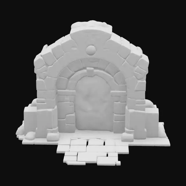 3D model for masterpiece, lowpoly, glowing magic laser mysterious mystical Stone dungeon Metal Bunker monumental Huge Giant gate geometrical shapes huge chibi style legendary funny game style vivid colors, Unique Original Shape 