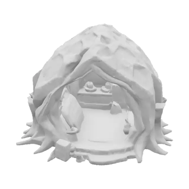 3D model for masterpiece, lowpoly, glowing magic laser mysterious mystical root wood dungeon large wood root Hut open hollow from inside geometrical shapes huge chibi style legendary funny game style vivid colors, Unique Original Shape