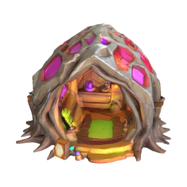 3D model for masterpiece, lowpoly, glowing magic laser mysterious mystical root wood dungeon large wood root Hut open hollow from inside geometrical shapes huge chibi style legendary funny game style vivid colors, Unique Original Shape