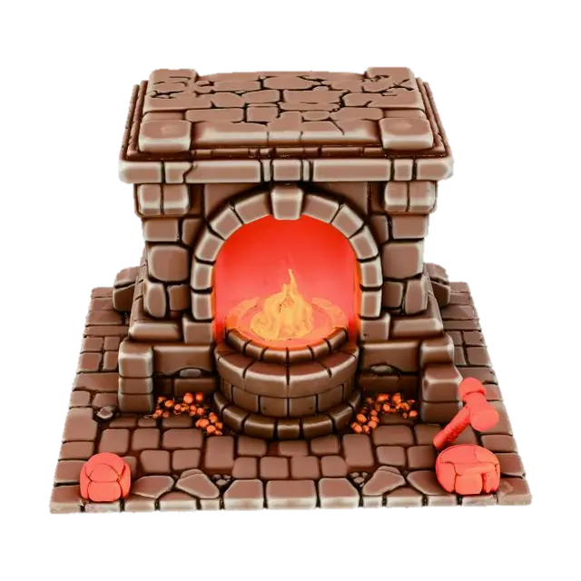 3D model for warcraft dwarfen forge , glowing parts, Huge, flat game design style