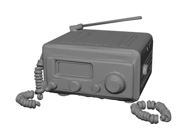 3D model for Game-ready low-poly rugged 1980s truck CB radio transceiver, compact rectangular dark brushed metal body, two amber knobs, small cyan signal display, coiled microphone mounted on the side, realistic worn industrial style, single self-contained object, clean silhouette, symmetrical front, no text, no logo, no brand, no background, optimized for a first-person driving game