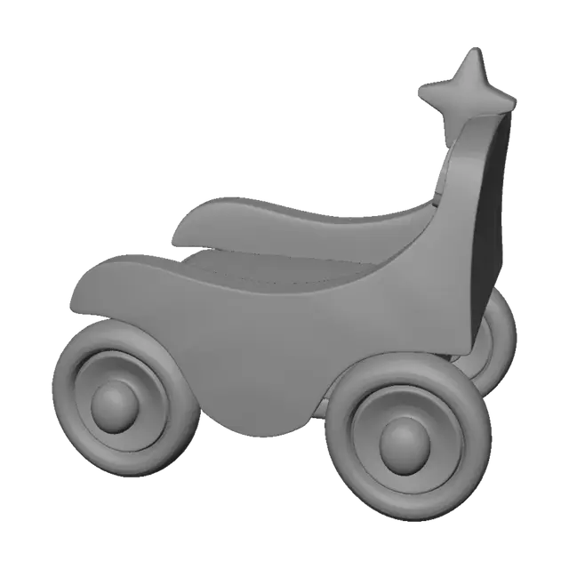 3D model for white with a small yellow star on the backrest. Three thick rounded wheels with white rims and pastel brown centers. Soft plastic toy material with a matte finish. Minimal details, clean topology, optimized low-poly (4k–8k triangles). Symmetrical design. Cute, pastel, toy-like aesthetic inspired by Japanese kawaii collectibles. Designed as a Roblox UGC