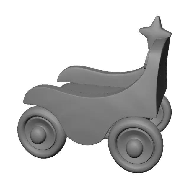 3D model for white with a small yellow star on the backrest. Three thick rounded wheels with white rims and pastel brown centers. Soft plastic toy material with a matte finish. Minimal details, clean topology, optimized low-poly (4k–8k triangles). Symmetrical design. Cute, pastel, toy-like aesthetic inspired by Japanese kawaii collectibles. Designed as a Roblox UGC