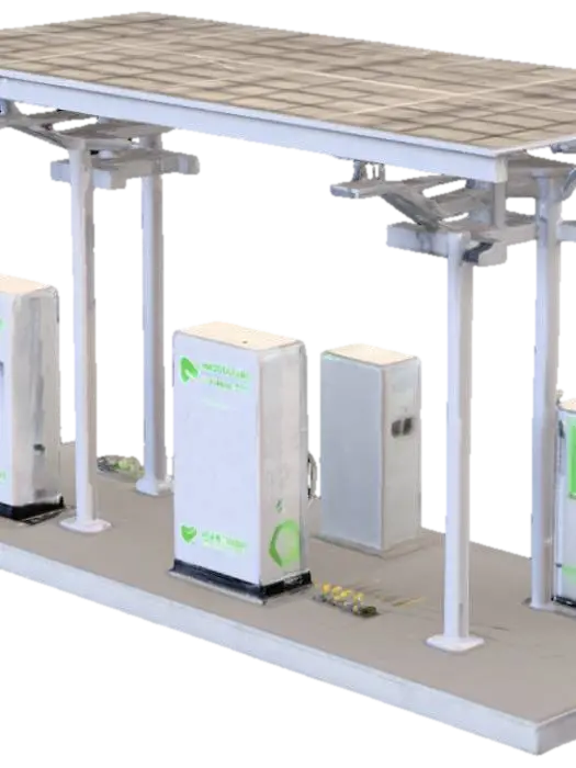 “A modular solar EV charging canopy for four vehicles. Structure: galvanized H-beam… 3D model, vytvořený pomocí AI