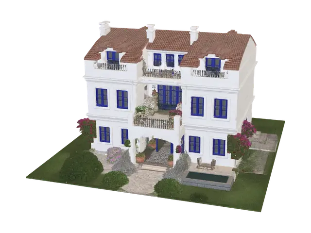 Mediterranean Villa by the Garden Pool - Ev 3D model, vytvořený pomocí AI