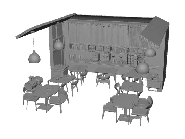 3D model for Ultra-detailed modern coffee shop interior, wide-angle isometric cutaway view, complete open space visible from above at a 45-degree angle, clean geometry, realistic proportions, floor, concrete walls, large panoramic windows, cozy industrial Scandinavian design, coffee counter with espresso machine, cash register, pastry display, shelves full of coffee beans, mugs, cups, teapots, glasses, menu boards, refrigerator, sink, storage shelves, kitchen preparation area, tables and chairs, sofas, bar stools, hanging lamps, indoor plants, books, decorations, trash bins, wall clocks, electrical outlets, doors, ceiling beams, ventilation, realistic lighting, every object clearly separated, photorealistic, highly detailed, PBR materials, Unreal Engine quality, no people, no text, no motion blur