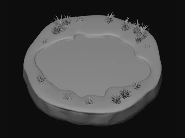 3D model for Create a stylized 3D printable pond terrain piece. Organic rounded pond shape with smooth wavy edges. Recessed center filled with matte sky-blue water. Thick pastel sage-green grassy border surrounding the pond. Warm brown dirt layer visible around the outer sidewalls. Three clusters of chunky cartoon grass blades growing from the border: one large cluster upper-left, one medium cluster lower-left, one small cluster right side. Soft rounded forms, no sharp edges. Cute cozy game aesthetic inspired by Animal Crossing and Stardew Valley. Hand-sculpted look with subtle 3D print layer texture. Single solid object, clean topology, watertight manifold mesh, flat bottom, no floating geometry, optimized for STL export and FDM/resin printing. Centered composition, medium poly count, toy like