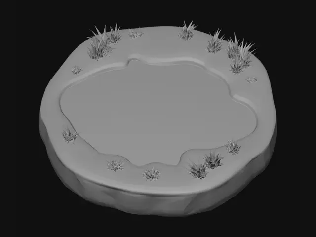 3D model for Create a stylized 3D printable pond terrain piece. Organic rounded pond shape with smooth wavy edges. Recessed center filled with matte sky-blue water. Thick pastel sage-green grassy border surrounding the pond. Warm brown dirt layer visible around the outer sidewalls. Three clusters of chunky cartoon grass blades growing from the border: one large cluster upper-left, one medium cluster lower-left, one small cluster right side. Soft rounded forms, no sharp edges. Cute cozy game aesthetic inspired by Animal Crossing and Stardew Valley. Hand-sculpted look with subtle 3D print layer texture. Single solid object, clean topology, watertight manifold mesh, flat bottom, no floating geometry, optimized for STL export and FDM/resin printing. Centered composition, medium poly count, toy like