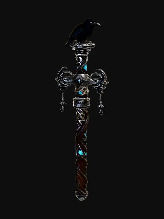 3D model for A tall ancient wizard staff inspired by Celtic mythology, crafted from dark twisted oak wood with intricate Celtic knot carvings spiraling along the shaft, polished silver PBR metal accents woven into the design, glowing runic engravings, crowned with a detailed black raven perched on top with claws extended and wings slightly spread, ornate silver claw fittings holding glowing gemstones, mystical crystal accents, elegant fantasy aesthetic, weathered magical wood texture, realistic metallic reflections, subtle blue magical glow, highly detailed, cinematic fantasy lighting, realistic materials, game-ready 3D model, isolated object, high fantasy style