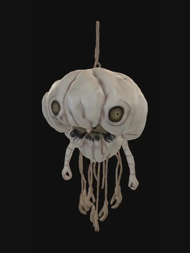 3D model for loating organic creature made of stitched flesh balloons and dangling wires, tiny porcelain hands, blinking eyes hidden under folds, wobbling physics, unsettling but whimsical, soft horror aesthetic, cinematic lighting, animated breathing and twitching, highly stylized surreal monster